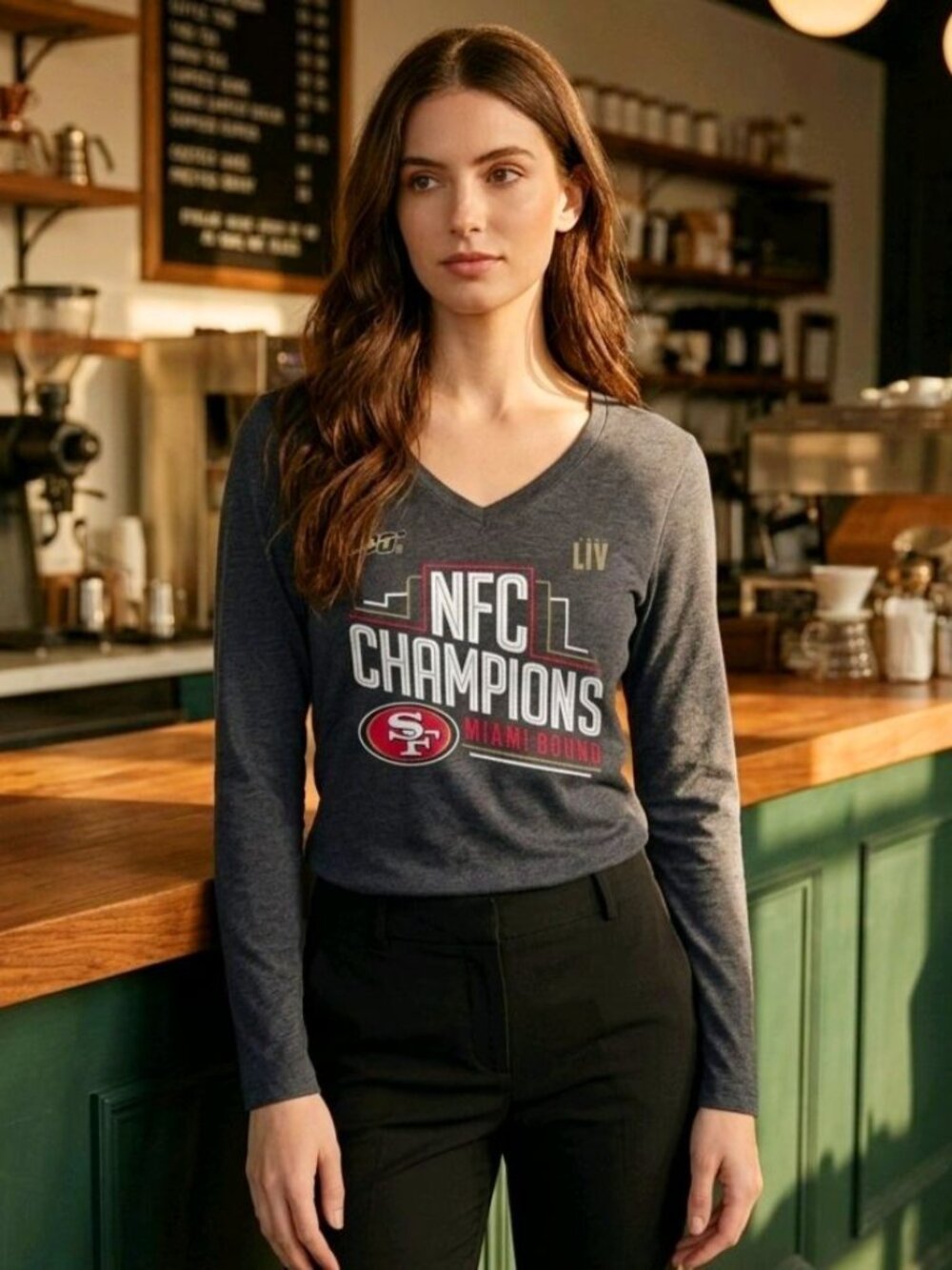 Fanatics ✦ 49ers NFC Champions LIV Long‑Sleeve V‑Neck ✦ Miami Bound NFL 100 Sz S